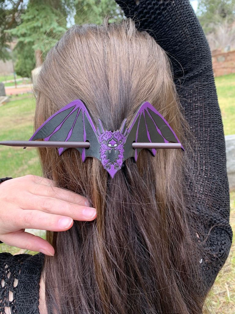 Purple Plum Bat Leather Hair Slide