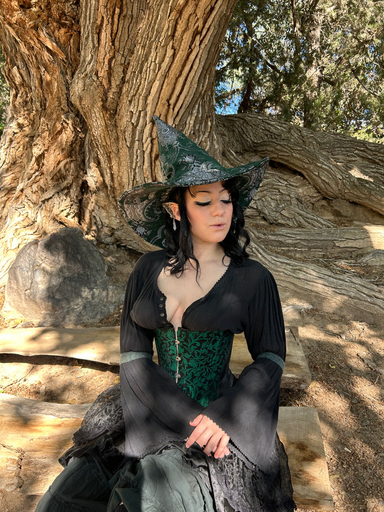 Green and Silver Tapestry Witch Hat