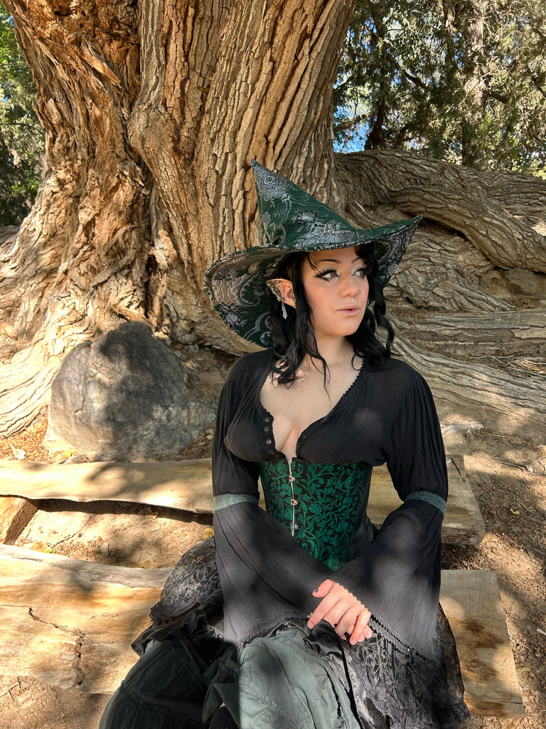 Green and Silver Tapestry Witch Hat