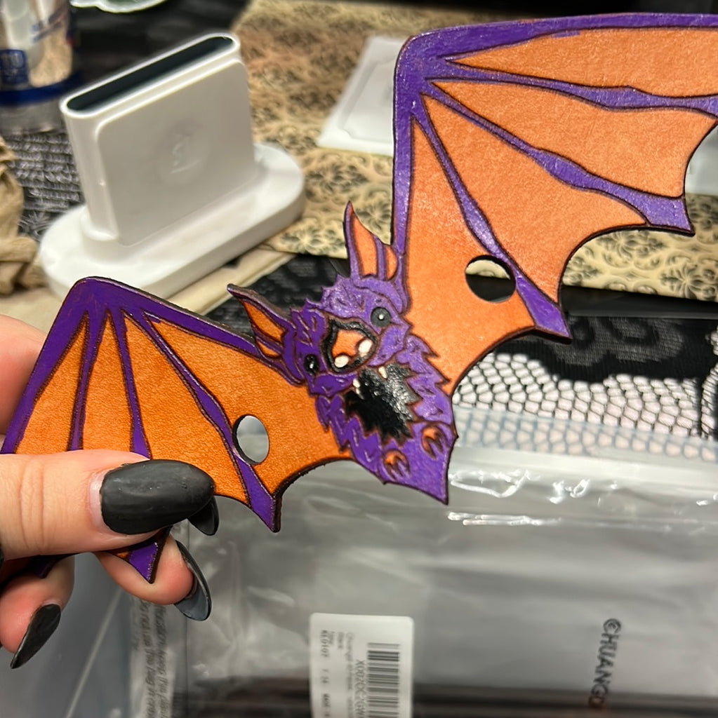 Halloween Purple and Orange Bat with black belly Leather Hair Slide