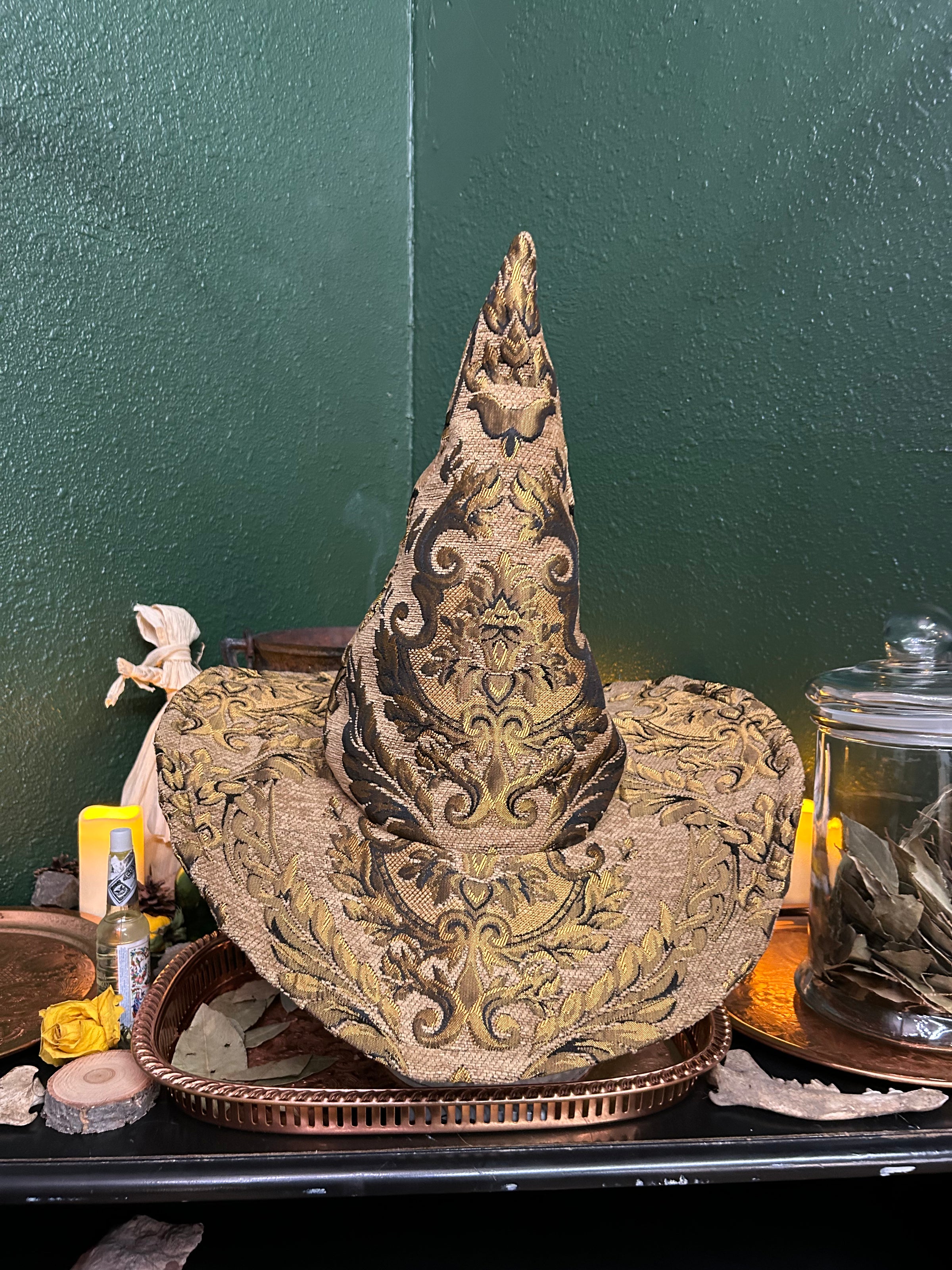 Neutral Beige Witch Hat with Cream Floral Trim Beige Extra Large Witch Hat for Halloween, Large Brim Witch  main image 3