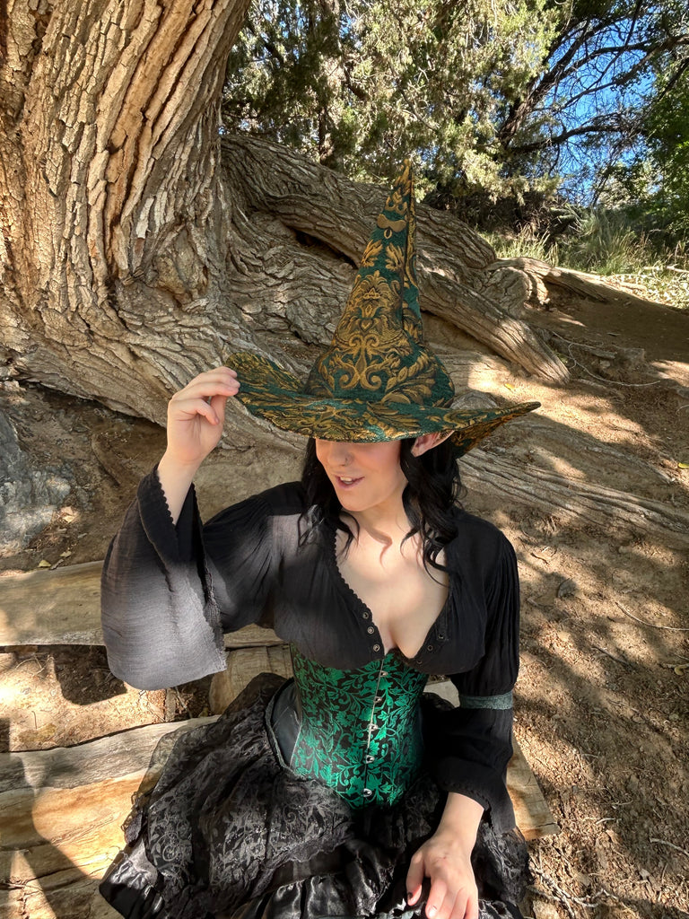 Green and Gold Tapestry Witch Hat
