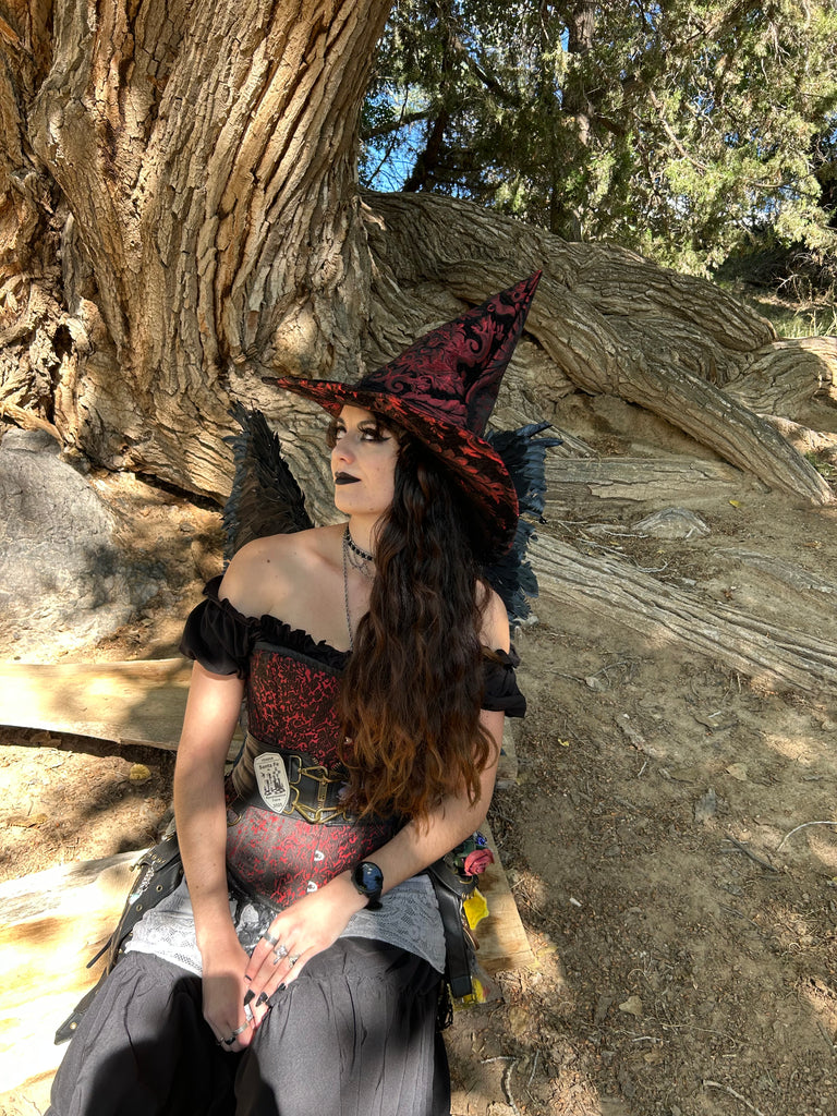 Black and Red Tapestry Witch Hat
