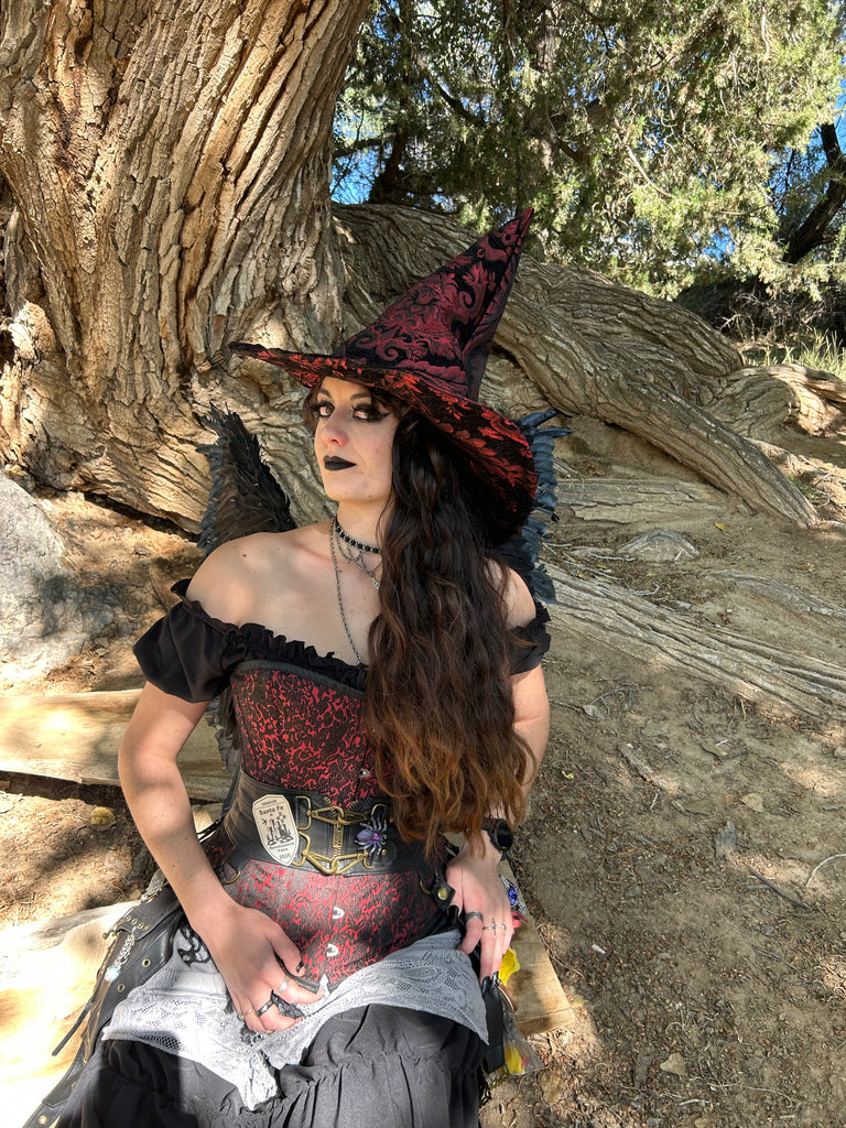 Black and Red Tapestry Witch Hat
