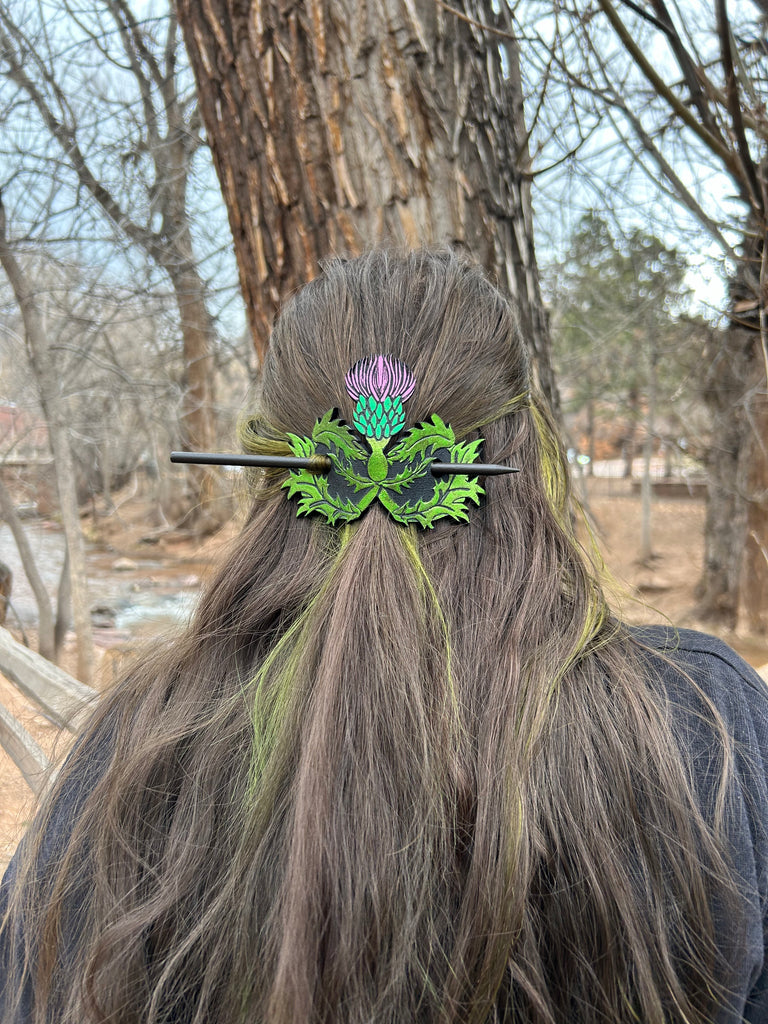 Witch’s Garden Thistle Hair Slide on black leather