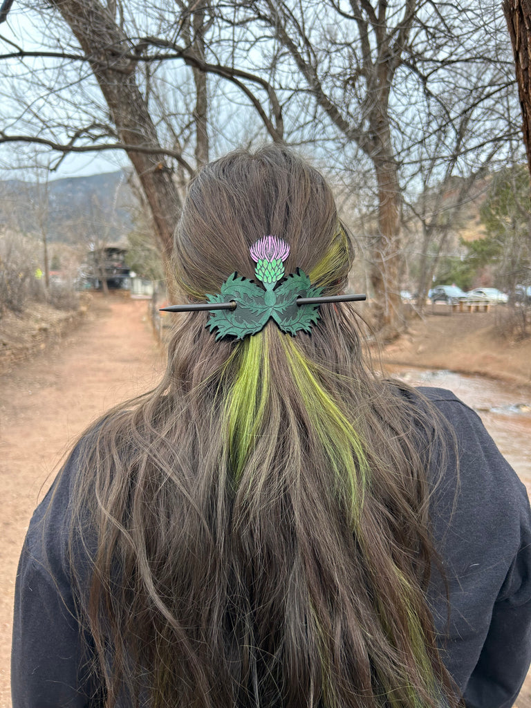 Witch’s Garden Thistle Hair Slide on green leather