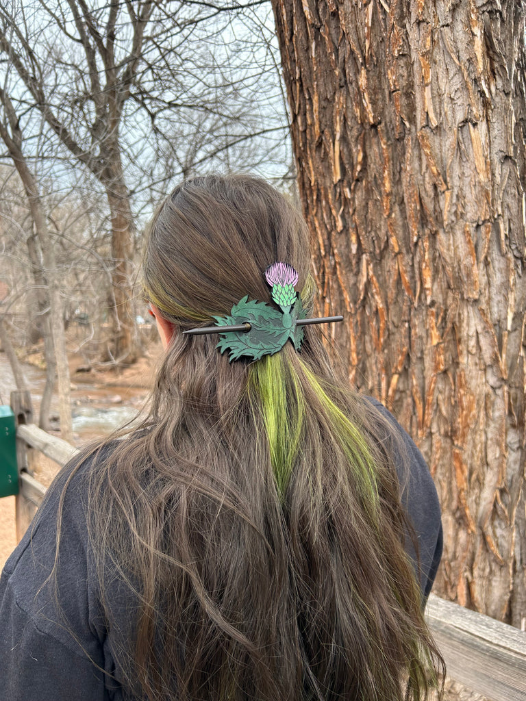 Witch’s Garden Thistle Hair Slide on green leather