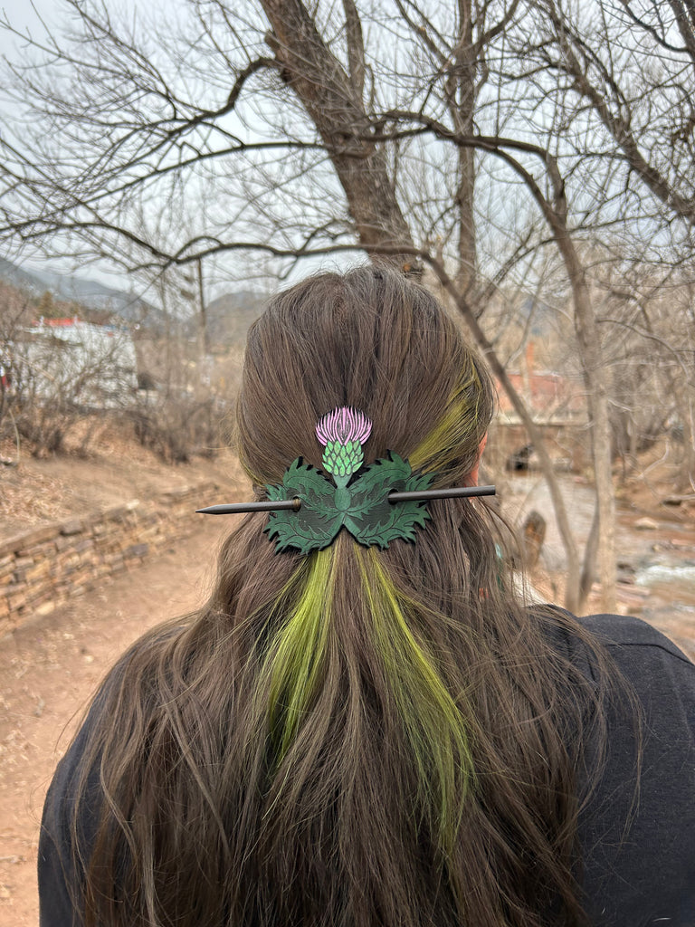 Witch’s Garden Thistle Hair Slide on green leather
