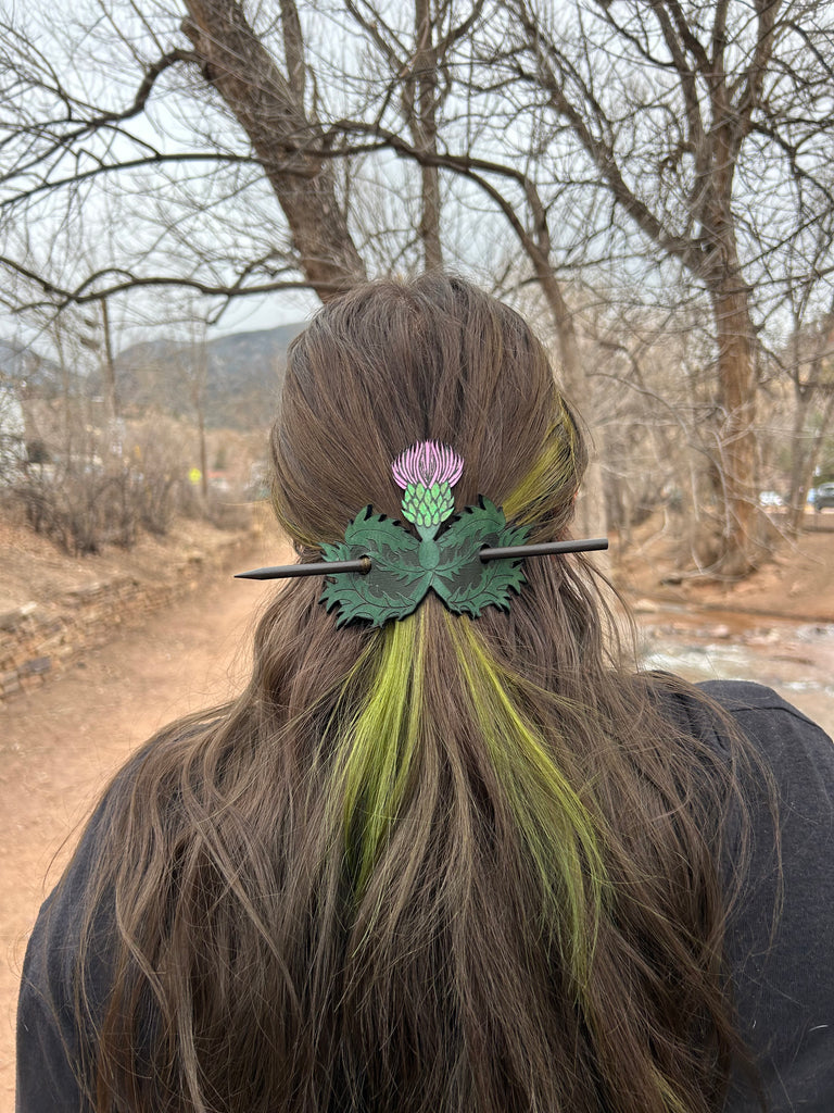 Witch’s Garden Thistle Hair Slide on green leather