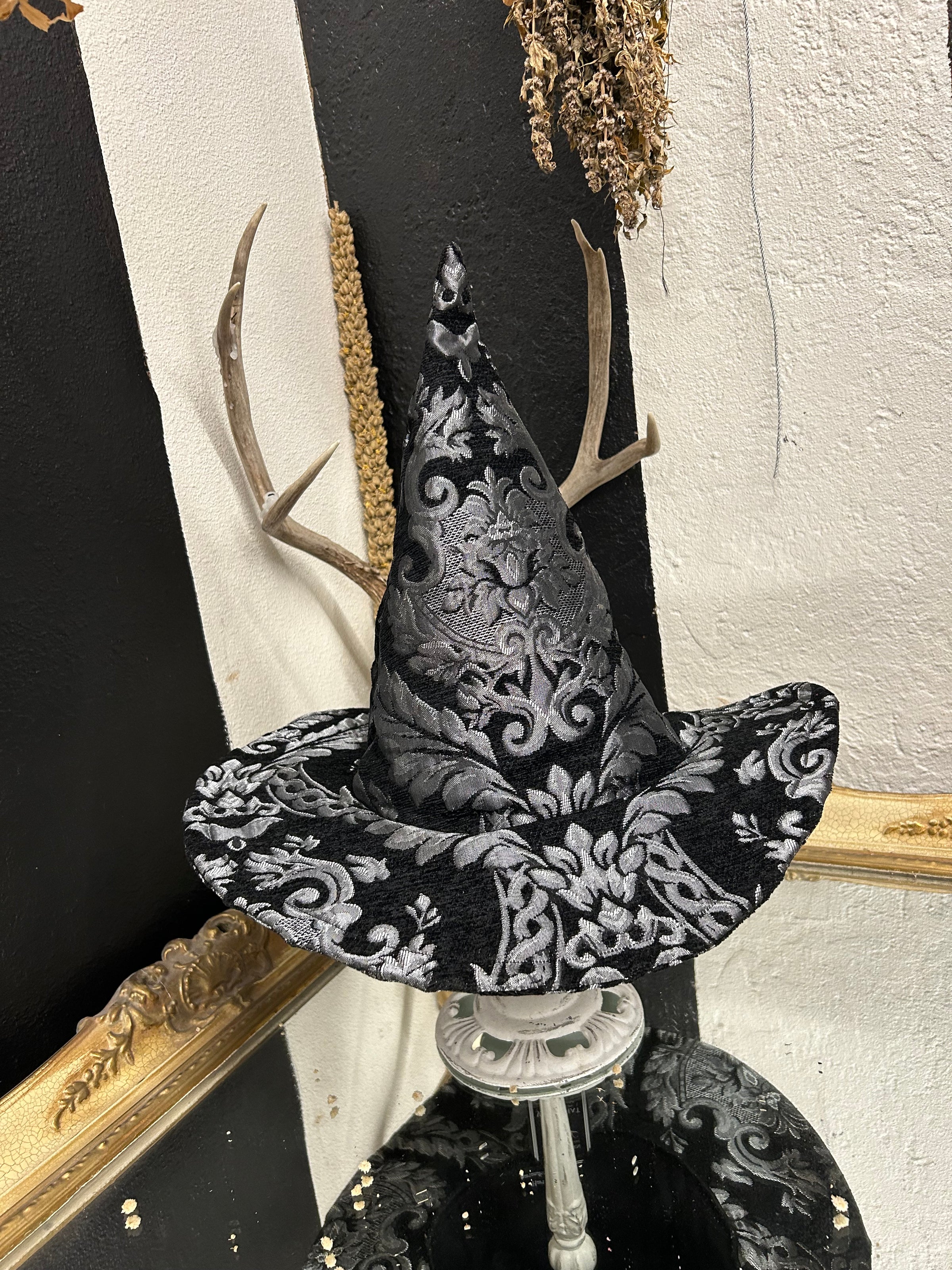 Witch hat Artisan 1 of Victorian design Feathers & fauna Black & Bone white 16\