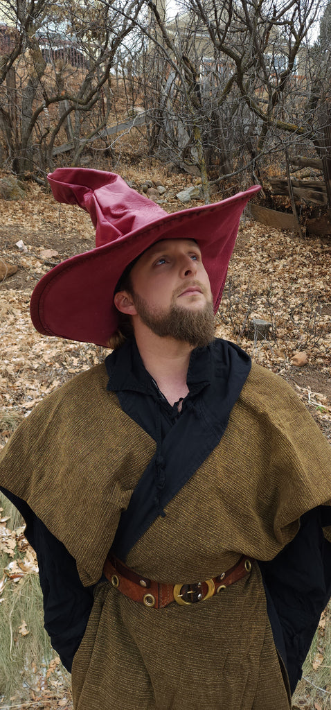 Extra Large Rustic Wine Red Leather Witch Hat