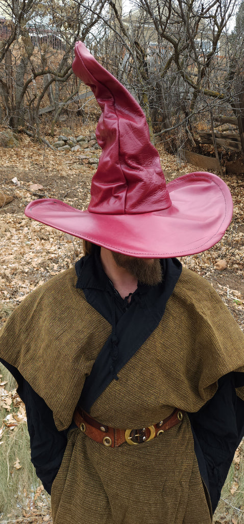 Extra Large Rustic Wine Red Leather Witch Hat