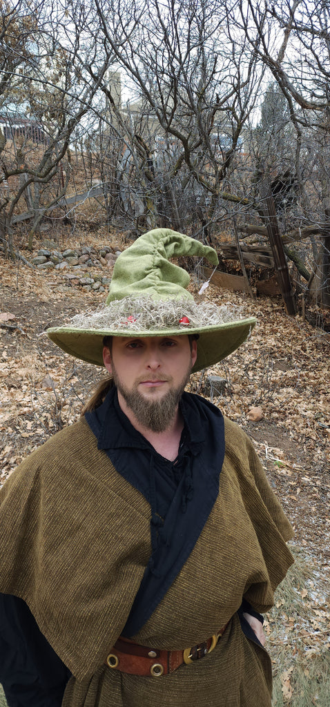Mushroom Green Wool Witch Hat with Moss
