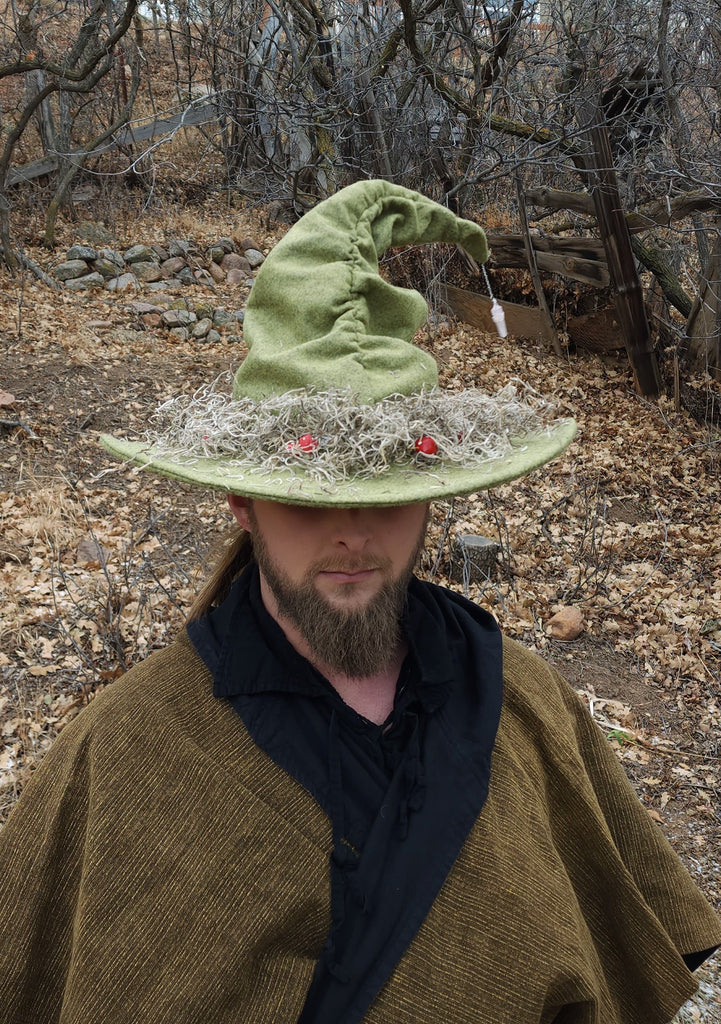 Mushroom Green Wool Witch Hat with Moss