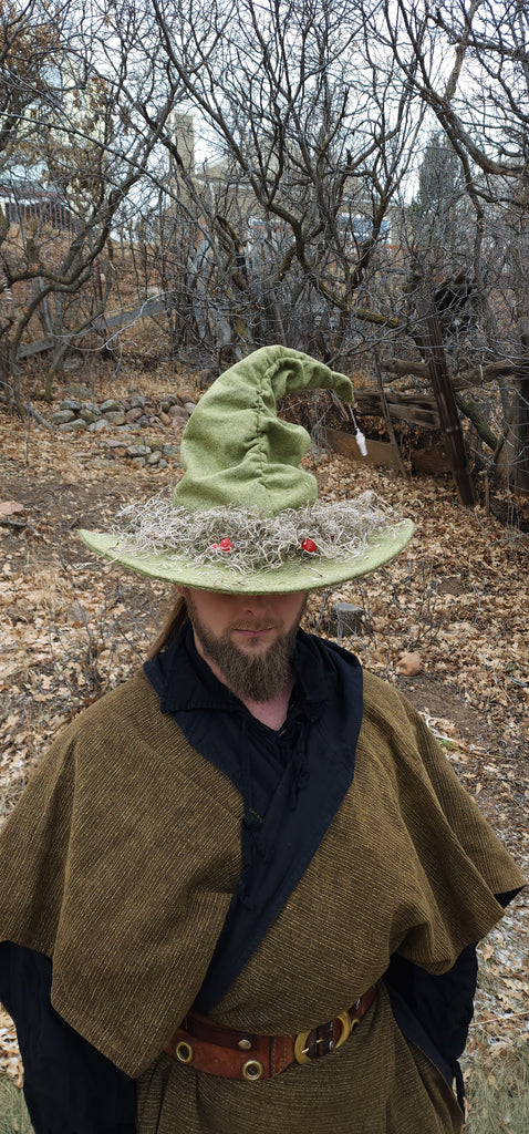 Mushroom Green Wool Witch Hat with Moss