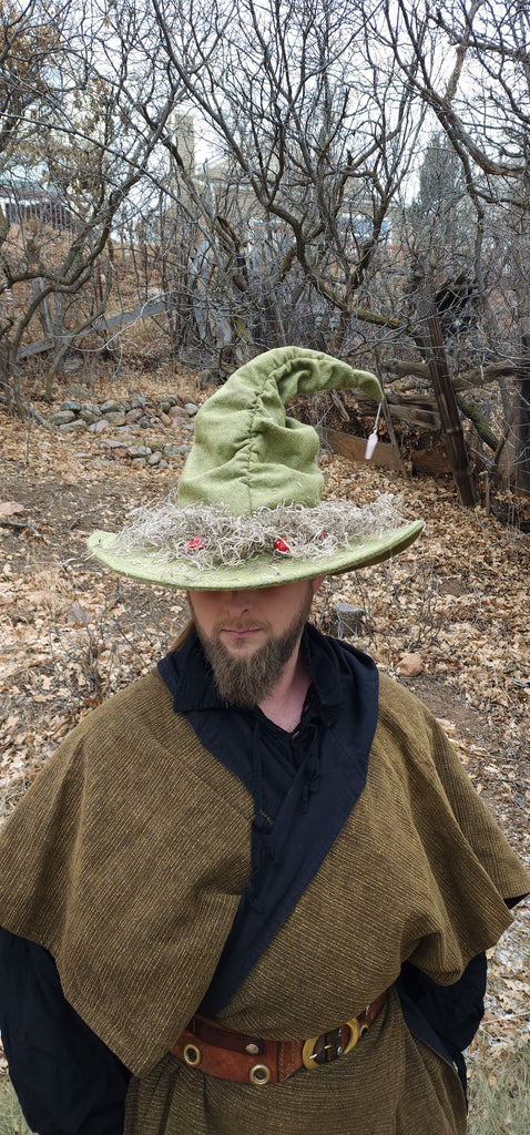 Mushroom Green Wool Witch Hat with Moss