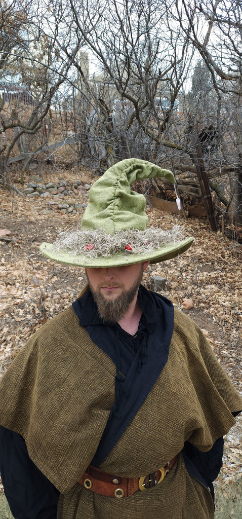 Mushroom Green Wool Witch Hat with Moss