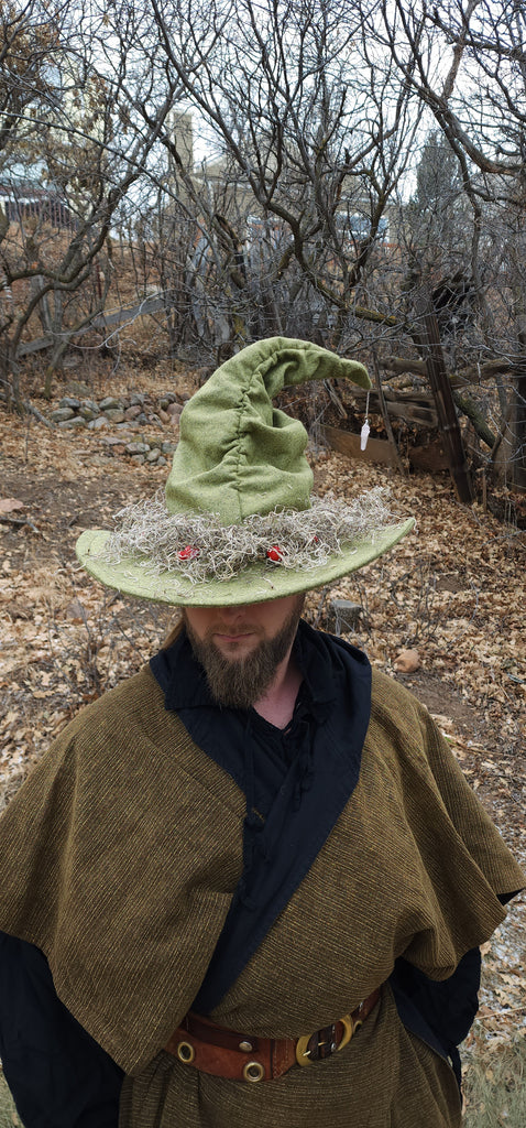 Mushroom Green Wool Witch Hat with Moss