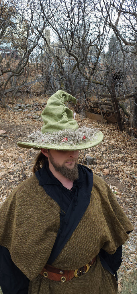 Mushroom Green Wool Witch Hat with Moss