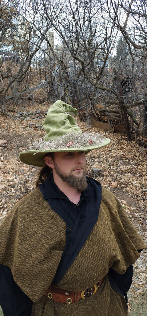 Mushroom Green Wool Witch Hat with Moss