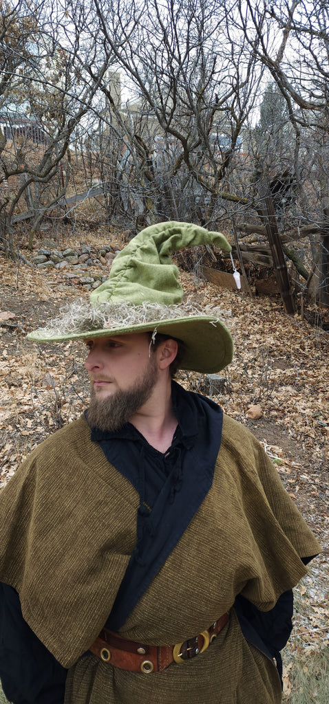 Mushroom Green Wool Witch Hat with Moss
