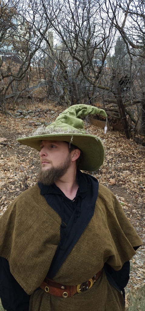 Mushroom Green Wool Witch Hat with Moss