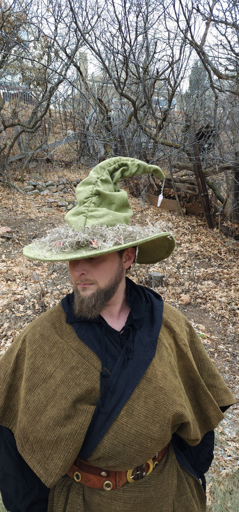 Mushroom Green Wool Witch Hat with Moss