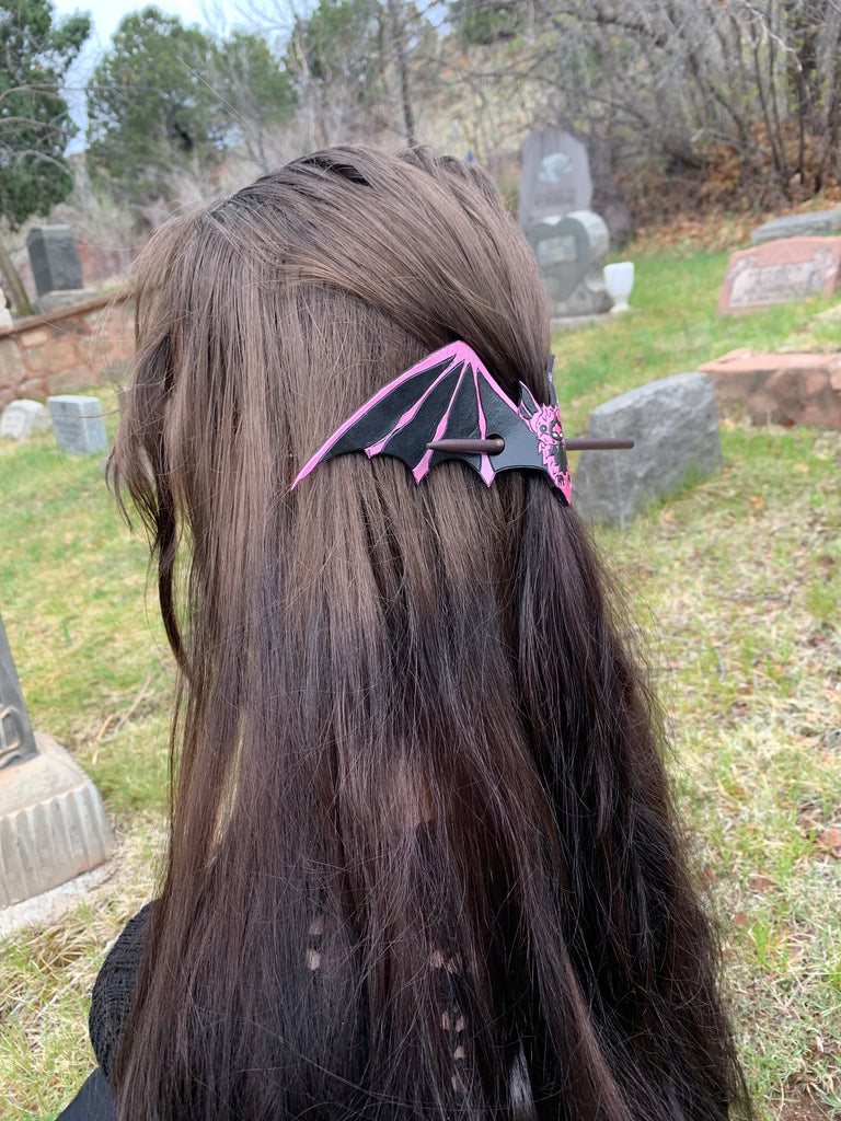 Pink Bat Leather Hair Slide