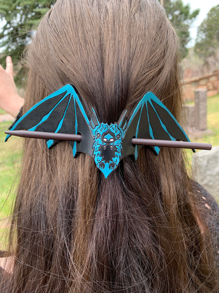 Topaz Blue Bat Leather Hair Slide