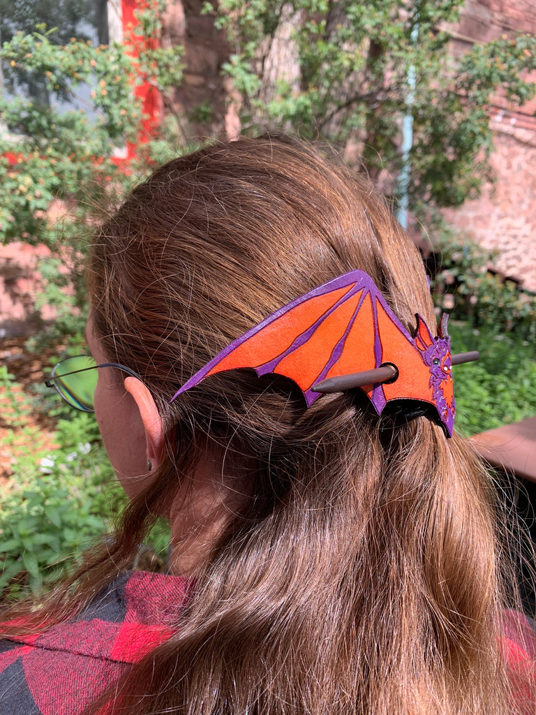 Halloween Purple and Orange Bat Leather Hair Slide