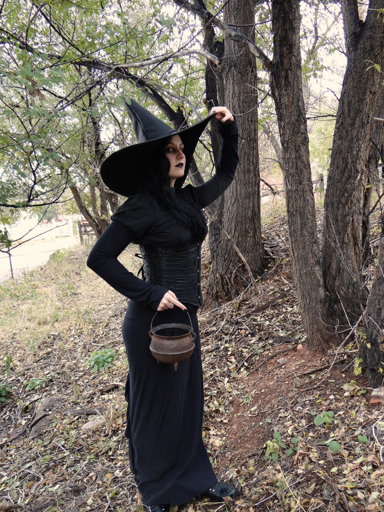 Wide Brimmed Black Leather Witch Hat