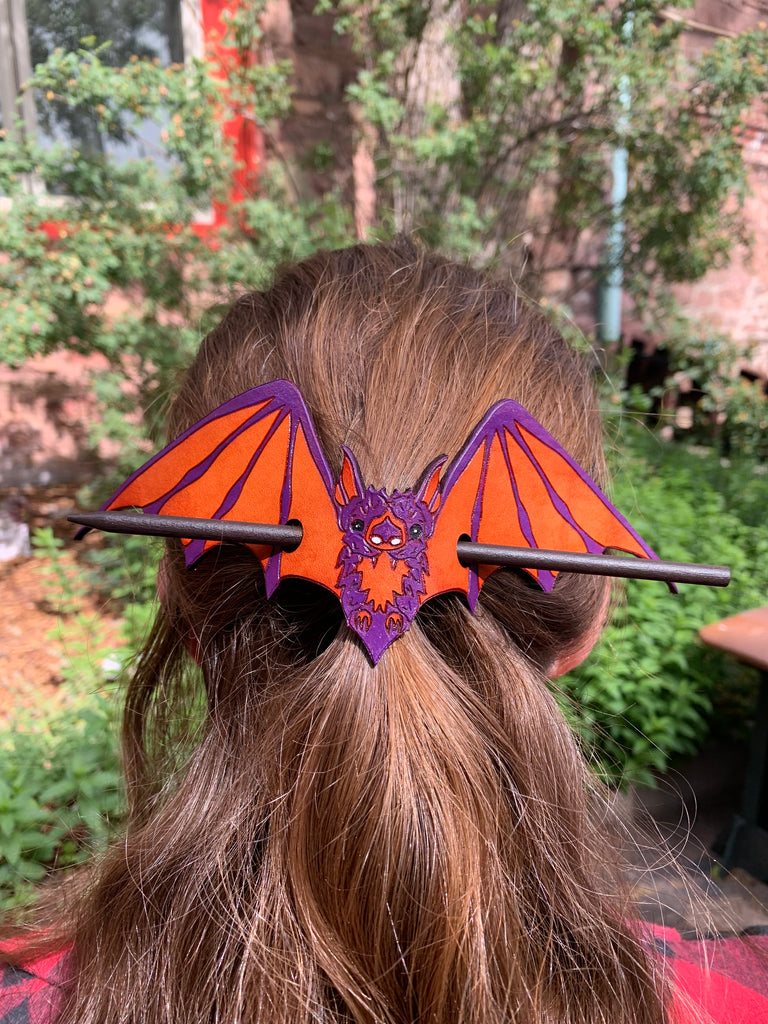 Halloween Purple and Orange Bat Leather Hair Slide