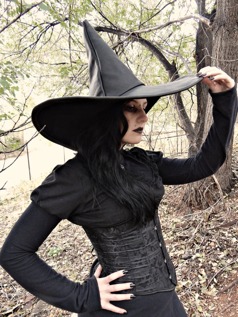 Wide Brimmed Black Leather Witch Hat