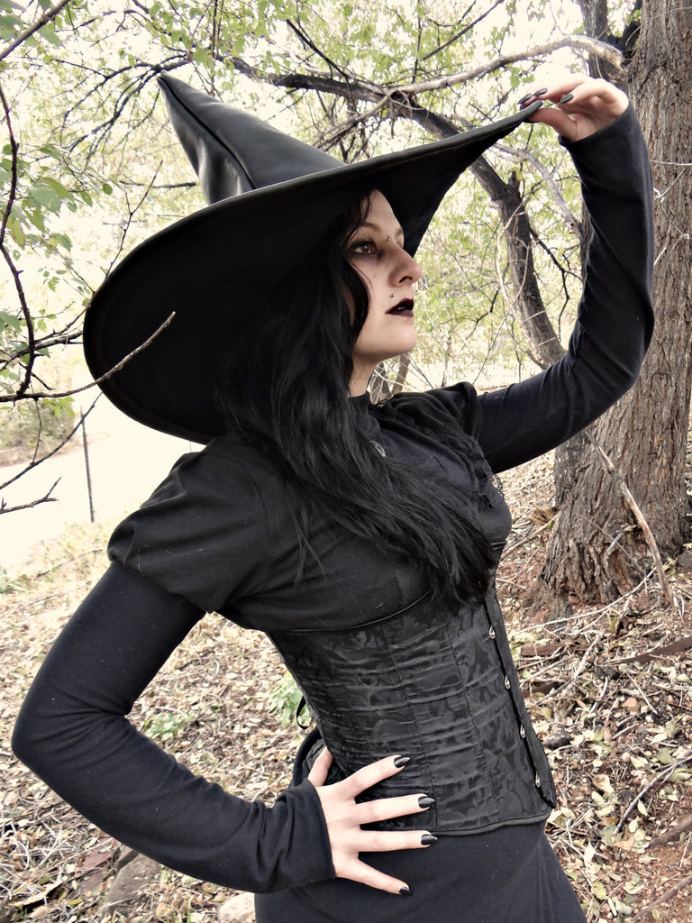 Wide Brimmed Black Leather Witch Hat
